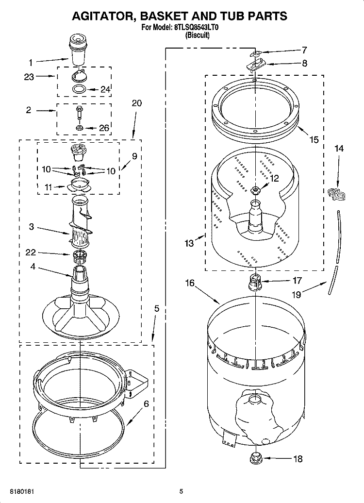 AGITATOR, BASKET AND TUB PARTS Diagram and Parts List for 8TLSQ8543LT0  Whirlpool Washer