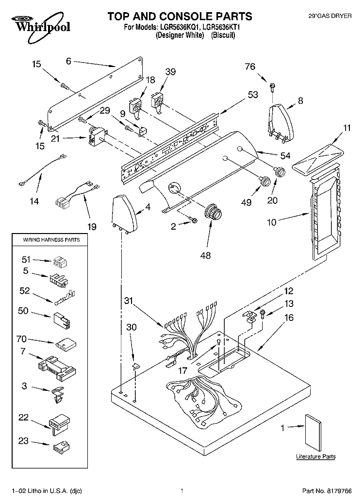 TOP AND CONSOLE, LIT/OPTIONAL Diagram and Parts List for LGR5636KT1  Whirlpool Dryer