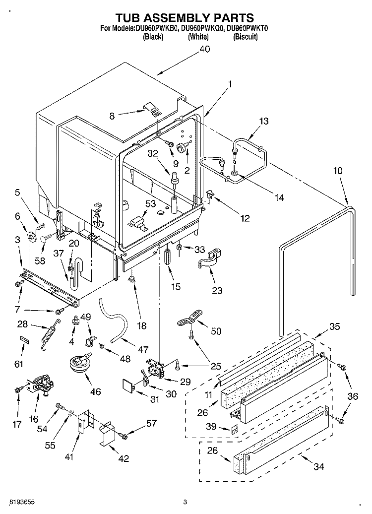 TUB ASSEMBLY Diagram and Parts List for DU960PWKT0  Whirlpool Dishwasher