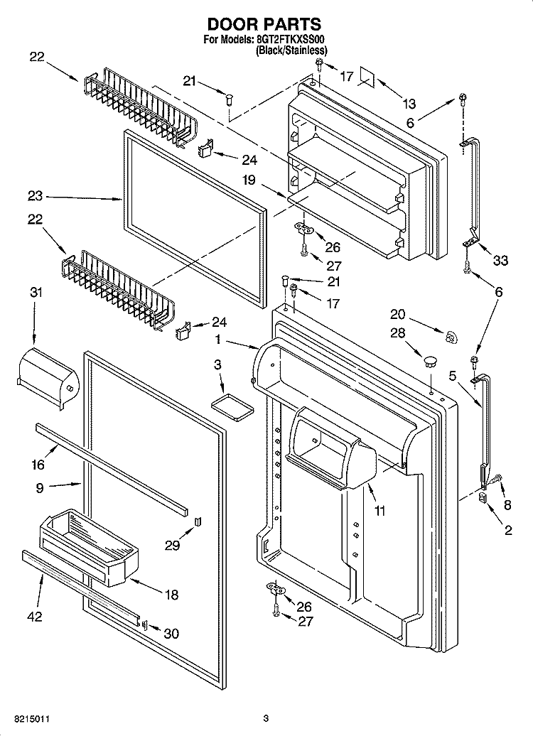 DOOR PARTS Diagram and Parts List for 8GT2FTKXSS00  Whirlpool Refrigerator