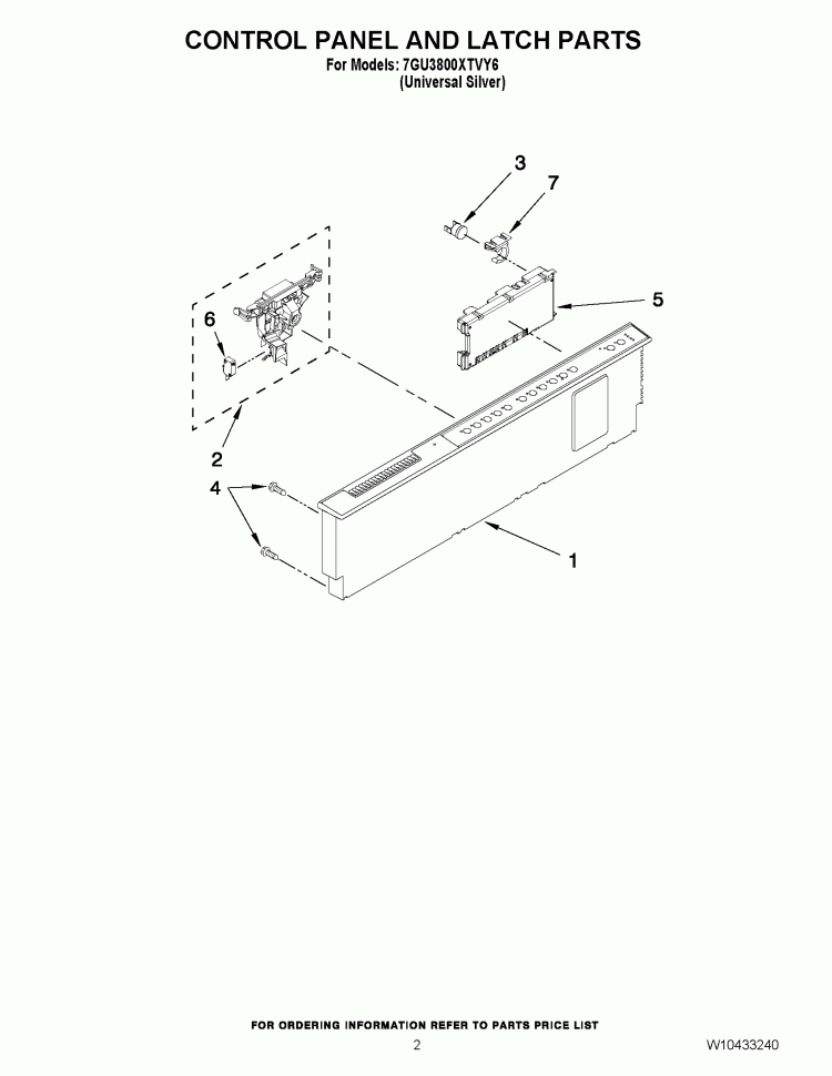 CONTROL PANEL AND LATCH PARTS Diagram and Parts List for 7GU3800XTVY6  Whirlpool Dishwasher