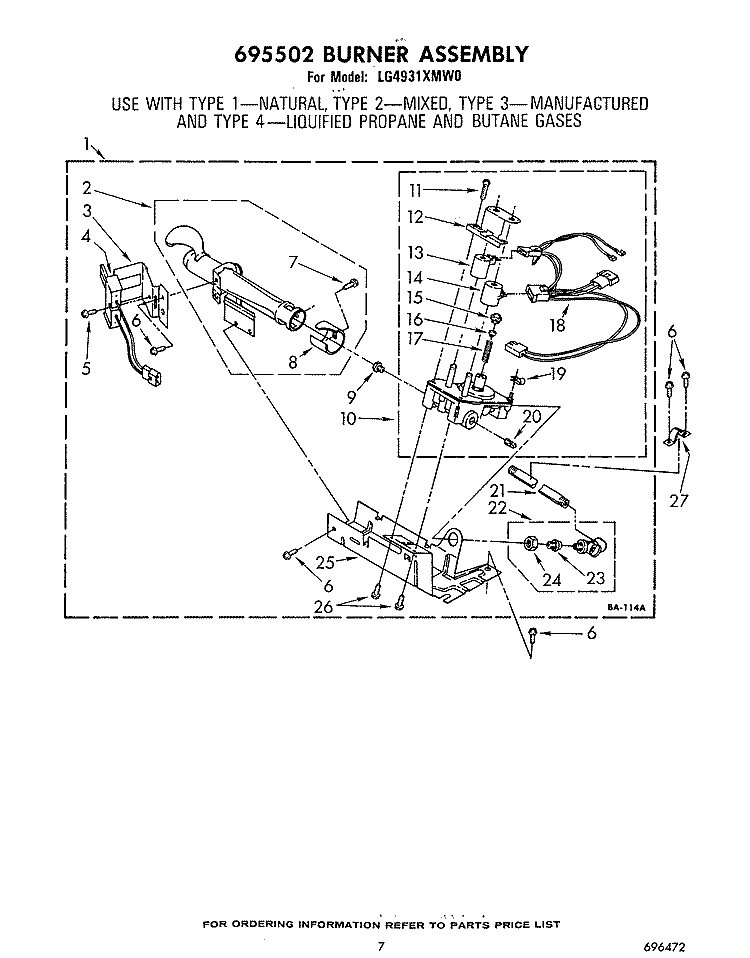 695502 BURNER Diagram and Parts List for LG4931XMW0  Whirlpool Dryer