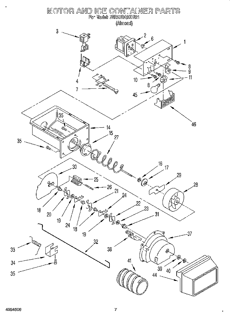 MOTOR AND ICE CONTAINER Diagram and Parts List for 7ED27DQXDN01  Whirlpool Refrigerator