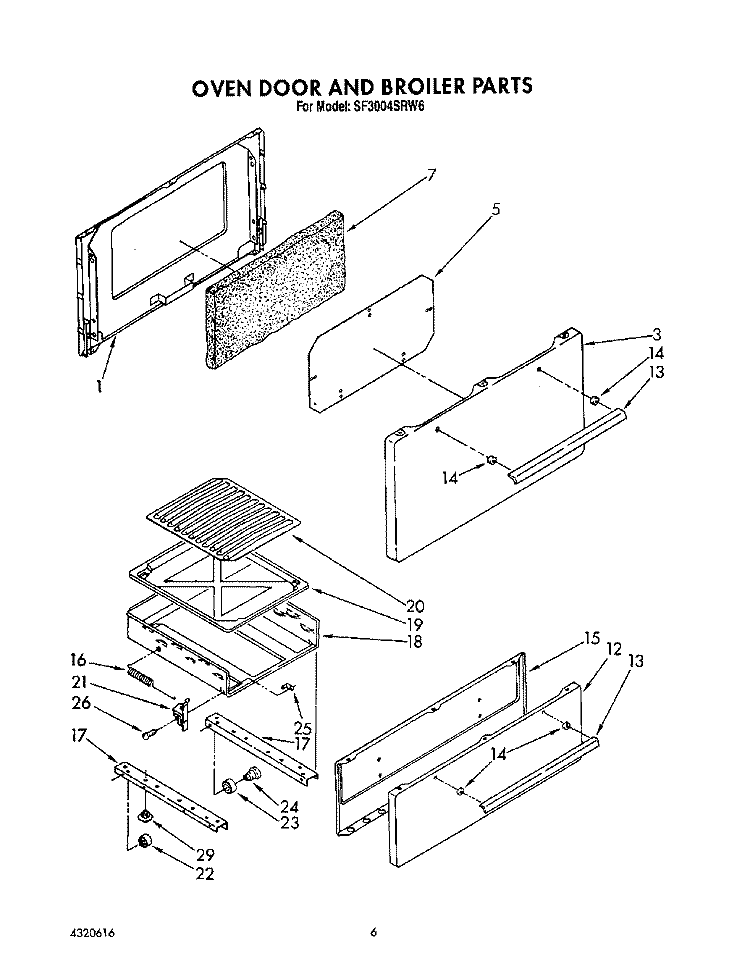 OVEN DOOR AND BROILER Diagram and Parts List for SF3004SRW6  Whirlpool Range