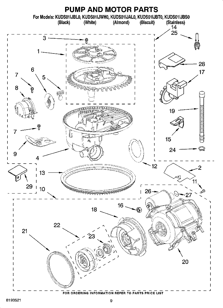 PUMP AND MOTOR PARTS Diagram and Parts List for KUDS01IJBL0  KitchenAid Dishwasher