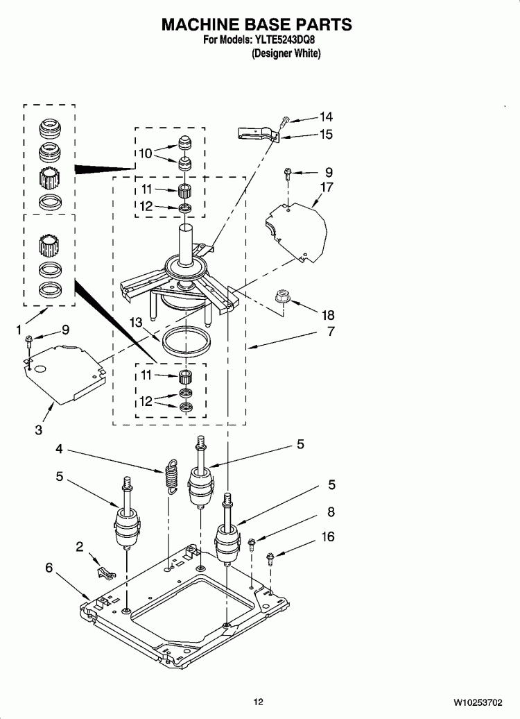 MACHINE BASE PARTS Diagram and Parts List for YLTE5243DQ8  Whirlpool Washer Dryer Combo