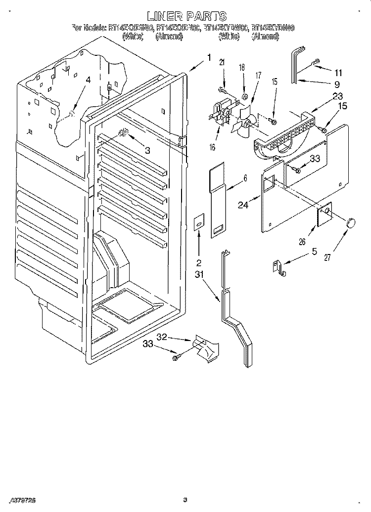 LINER Diagram and Parts List for RT14ZKXDW00  Roper Refrigerator