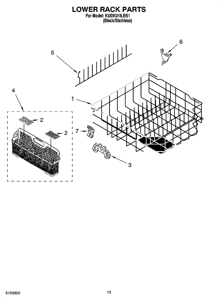 LOWER RACK PARTS Diagram and Parts List for KUDK01ILBS1  KitchenAid Dishwasher