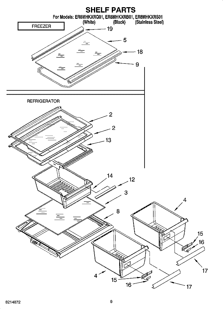 SHELF PARTS, OPTIONAL PARTS (NOT INCLUDED) Diagram and Parts List for ER8MHKXRB01  Whirlpool Refrigerator