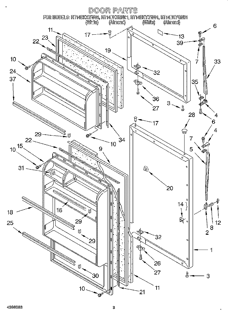 DOOR Diagram and Parts List for RT14DKYGW01  Roper Refrigerator