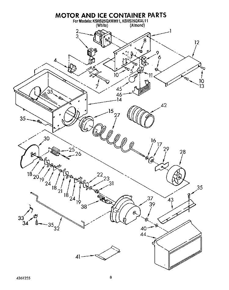 MOTOR AND ICE CONTAINER, LIT/OPTIONAL Diagram and Parts List for KSRS25QXAL11  KitchenAid Refrigerator