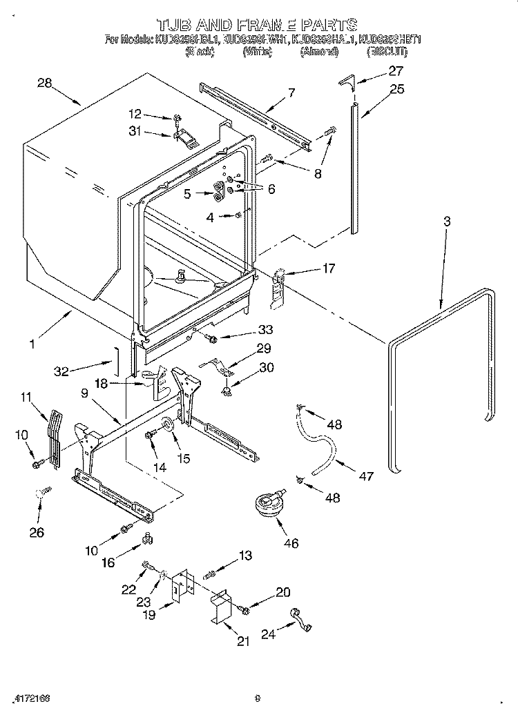 TUB AND FRAME Diagram and Parts List for KUDS25SHBT1  KitchenAid Dishwasher