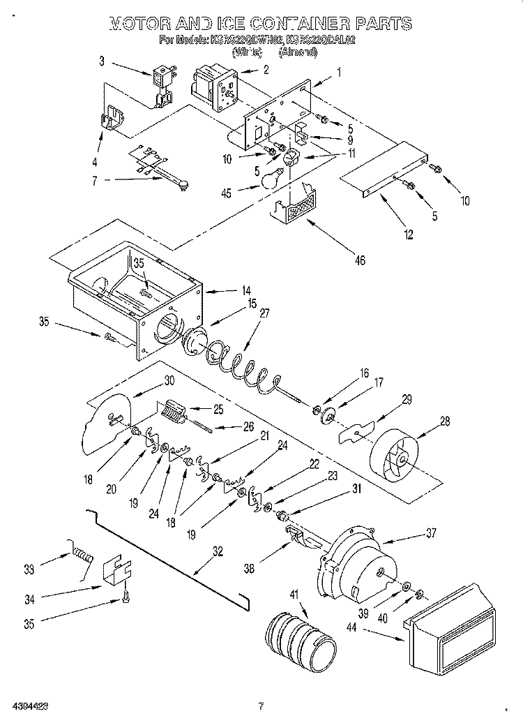 MOTOR AND ICE CONTAINER Diagram and Parts List for KSRS22QDWH02  KitchenAid Refrigerator