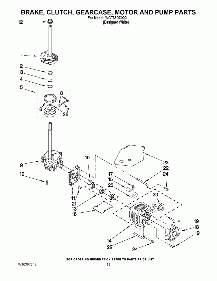 BRAKE, CLUTCH, GEARCASE, MOTOR AND PUMP PARTS Diagram and Parts List for WGT3300XQ0  Whirlpool Washer Dryer Combo
