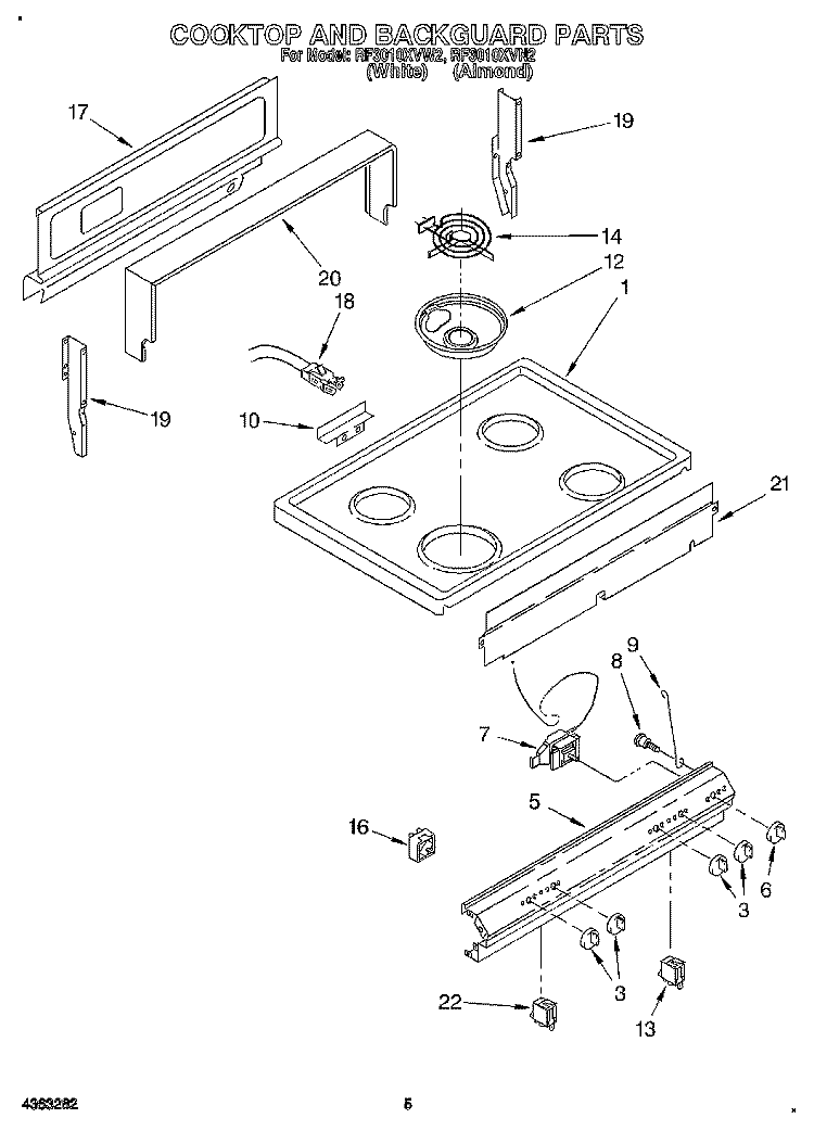 COOKTOP AND BACKGUARD Diagram and Parts List for RF3010XVN2  Whirlpool Range