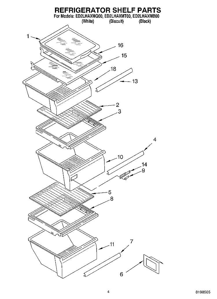 REFRIGERATOR SHELF PARTS Diagram and Parts List for ED2LHAXMT00  Whirlpool Refrigerator