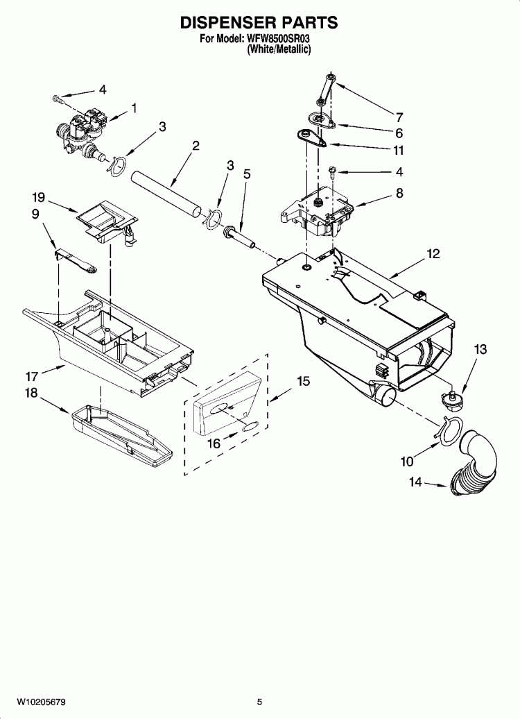 DISPENSER PARTS Diagram and Parts List for WFW8500SR03  Whirlpool Washer