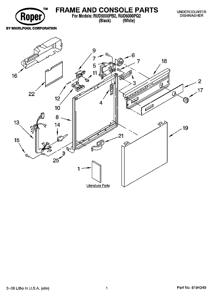 FRAME AND CONSOLE PARTS Diagram and Parts List for RUD6000PQ2  Roper Dishwasher