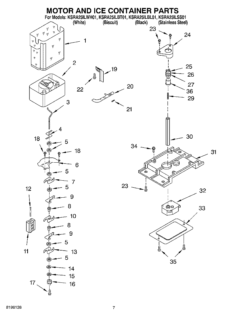 MOTOR AND ICE CONTAINER PARTS Diagram and Parts List for KSRA25ILWH01  KitchenAid Refrigerator