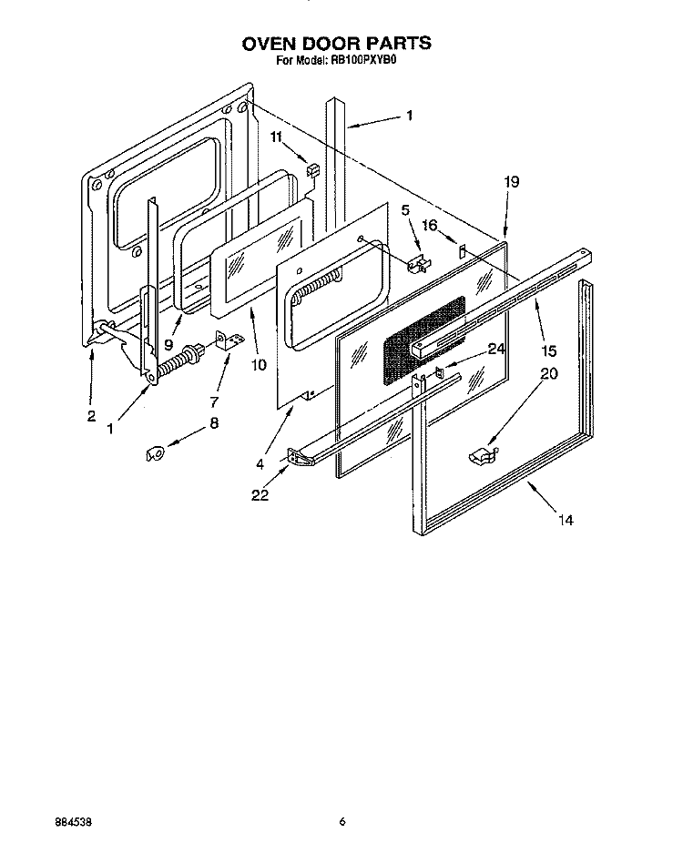 OVEN DOOR Diagram and Parts List for RB100PXYB0  Whirlpool Wall Oven
