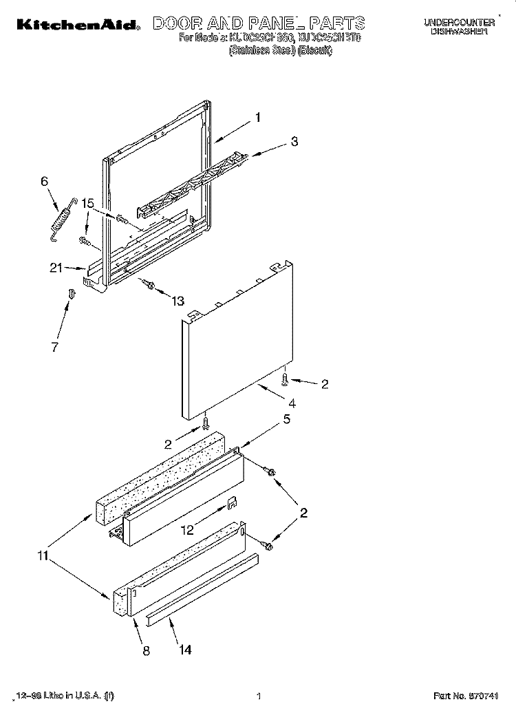 DOOR AND PANEL Diagram and Parts List for KUDC25CHSS0  KitchenAid Dishwasher