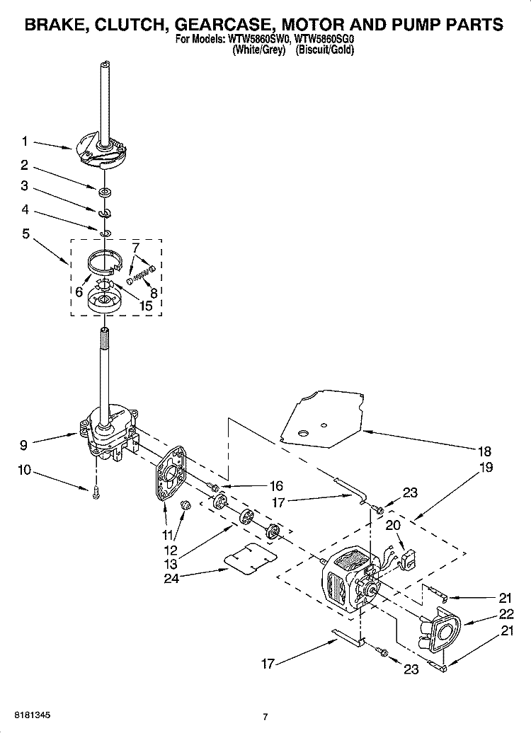 BRAKE, CLUTCH, GEARCASE, MOTOR AND PUMP PARTS Diagram and Parts List for WTW5860SG0  Whirlpool Washer