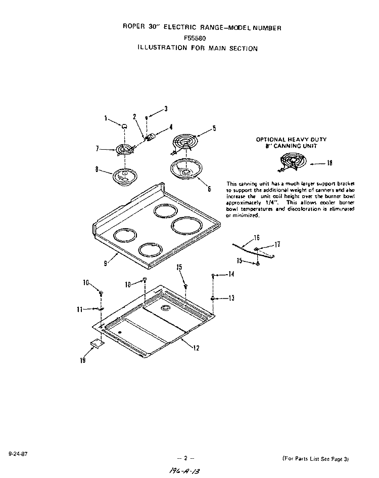 MAIN Diagram and Parts List for F5558W0  Roper Range