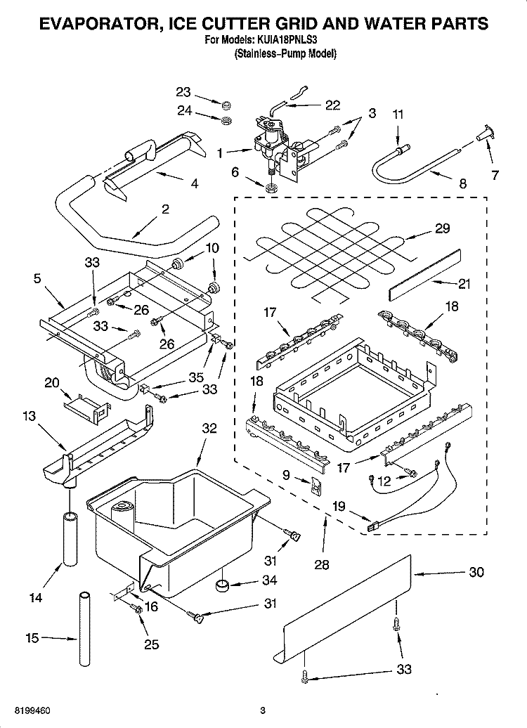 EVAPORATOR ICE CUTTER GRID AND WATER PARTS Diagram and Parts List for KUIA18PNLS3  KitchenAid Ice Maker