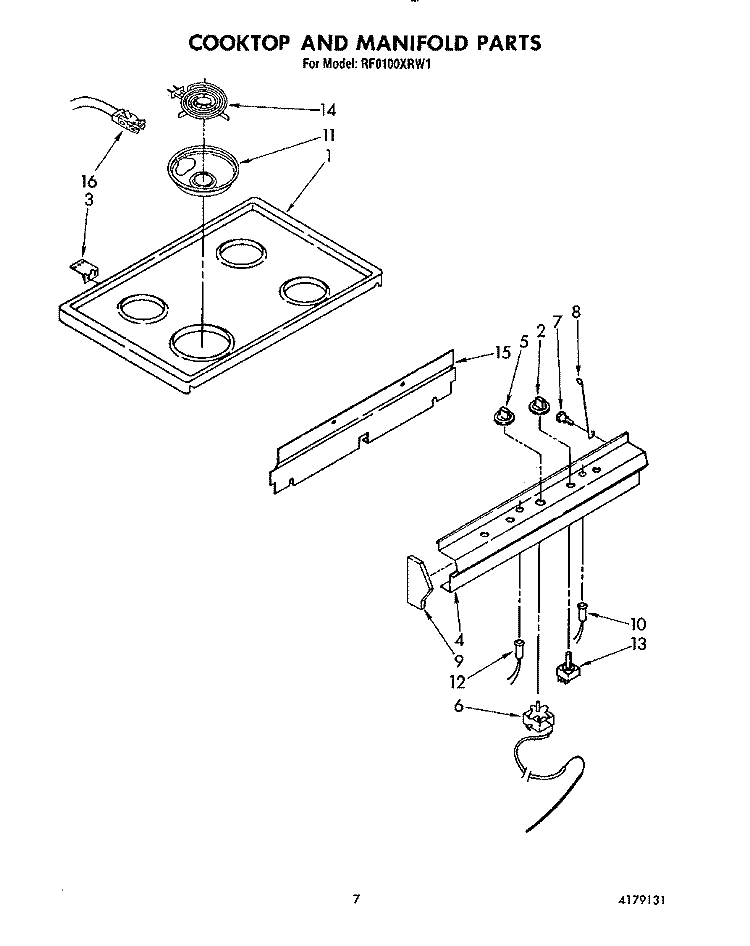 COOKTOP AND MANIFOLD Diagram and Parts List for RF0100XRW1  Whirlpool Range