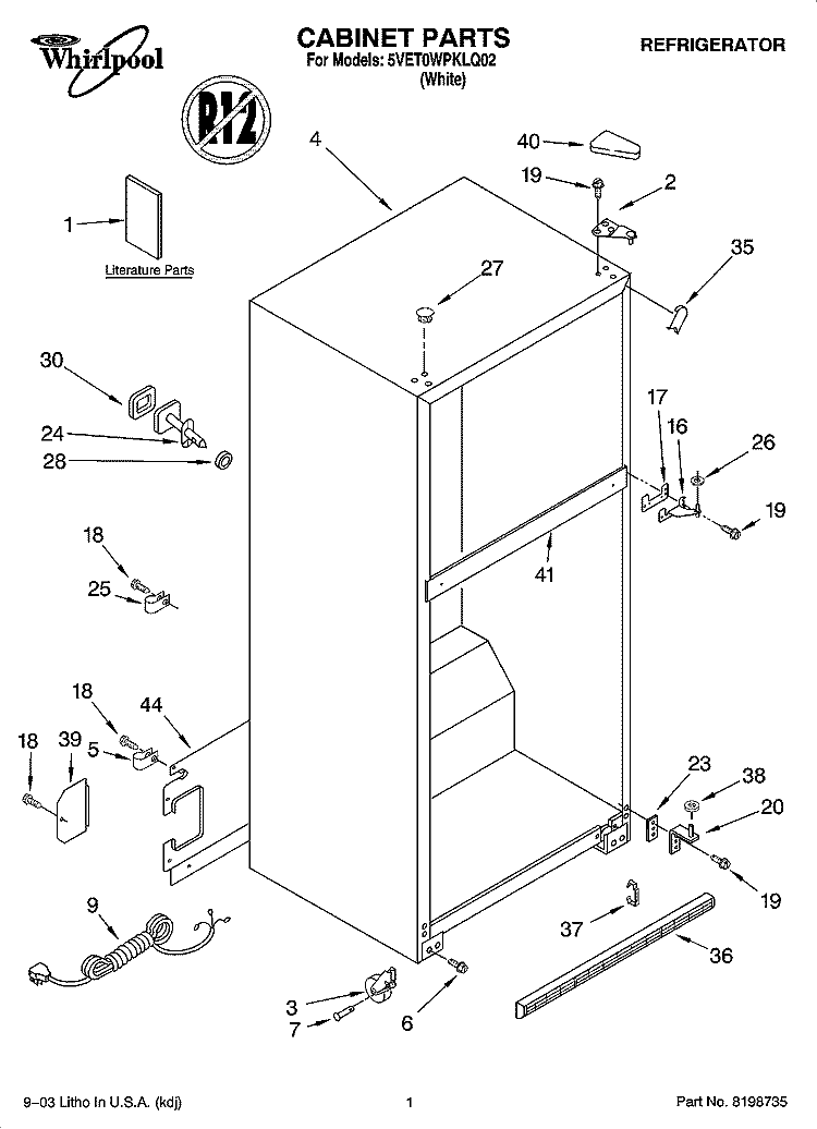 CABINET PARTS Diagram and Parts List for 5VET0WPKLQ02  Whirlpool Refrigerator