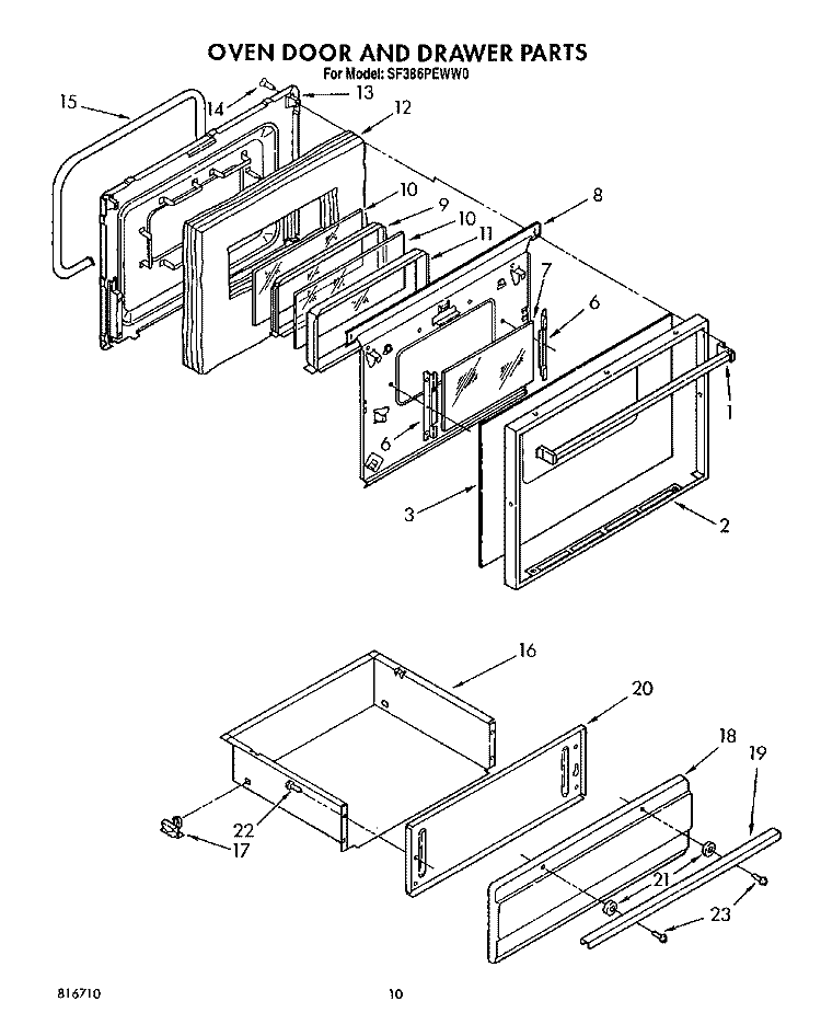 OVEN DOOR AND DRAWER Diagram and Parts List for SF386PEWW0  Whirlpool Range