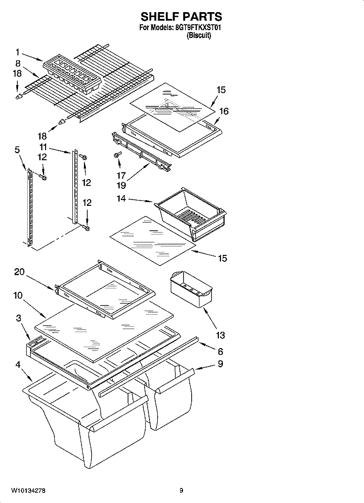 SHELF PARTS, OPTIONAL PARTS Diagram and Parts List for 8GT9FTKXST01  Whirlpool Refrigerator