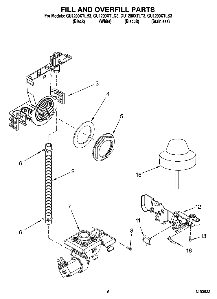 FILL AND OVERFILL PARTS Diagram and Parts List for GU1200XTLT3  Whirlpool Dishwasher