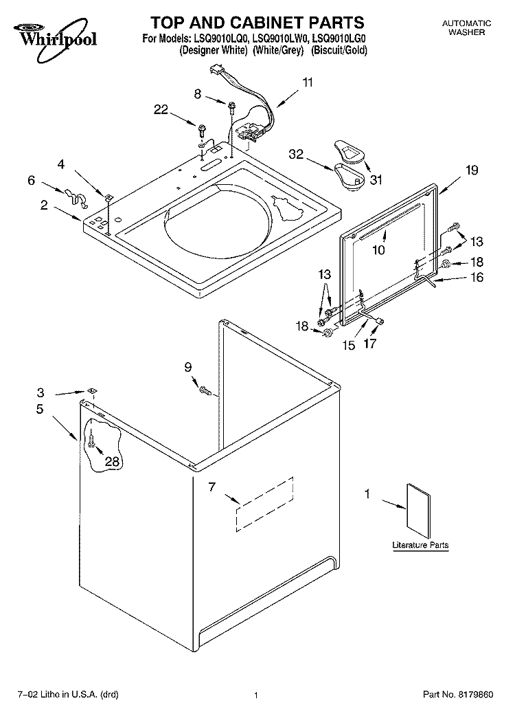 TOP AND CABINET, LITERATURE Diagram and Parts List for LSQ9010LW0  Whirlpool Washer