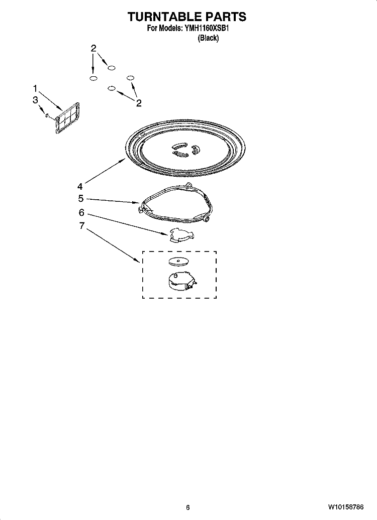 TURNTABLE PARTS Diagram and Parts List for YMH1160XSB1  Whirlpool Microwave