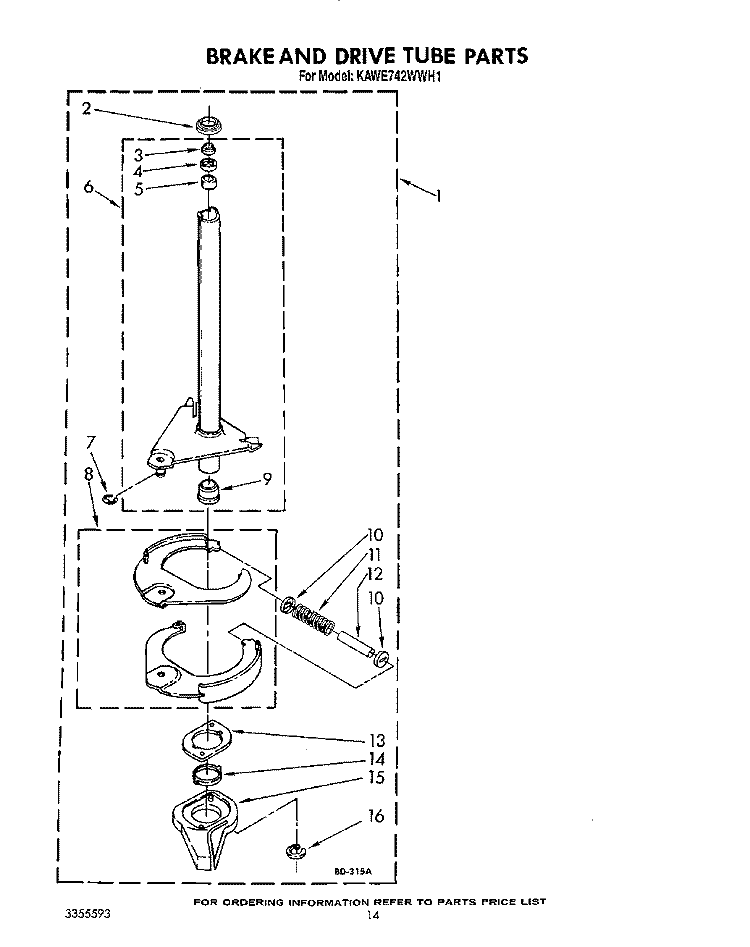 BRAKE AND DRIVE TUBE Diagram and Parts List for KAWE742WAL1  KitchenAid Washer