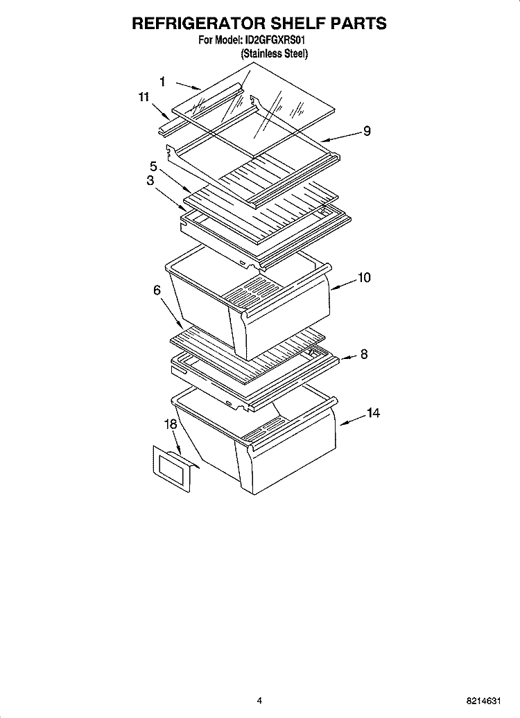 REFRIGERATOR SHELF PARTS Diagram and Parts List for ID2GFGXRS01  Whirlpool Refrigerator