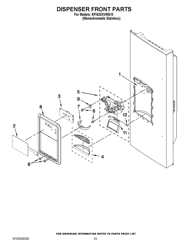 DISPENSER FRONT PARTS Diagram and Parts List for KFIS25XVMS10  KitchenAid Refrigerator