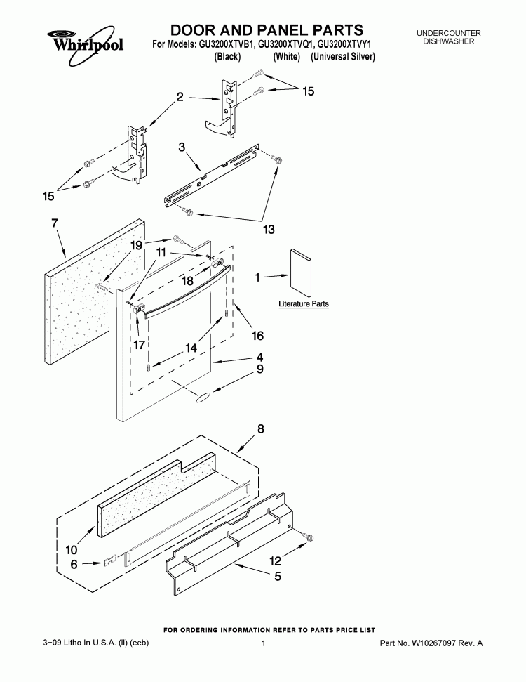 DOOR AND PANEL PARTS Diagram and Parts List for GU3200XTVY1  Whirlpool Dishwasher