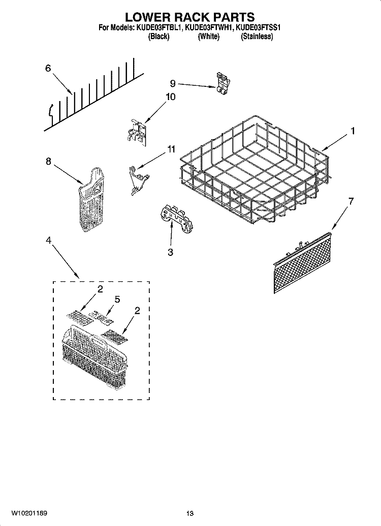 LOWER RACK PARTS Diagram and Parts List for KUDE03FTBL1  KitchenAid Dishwasher