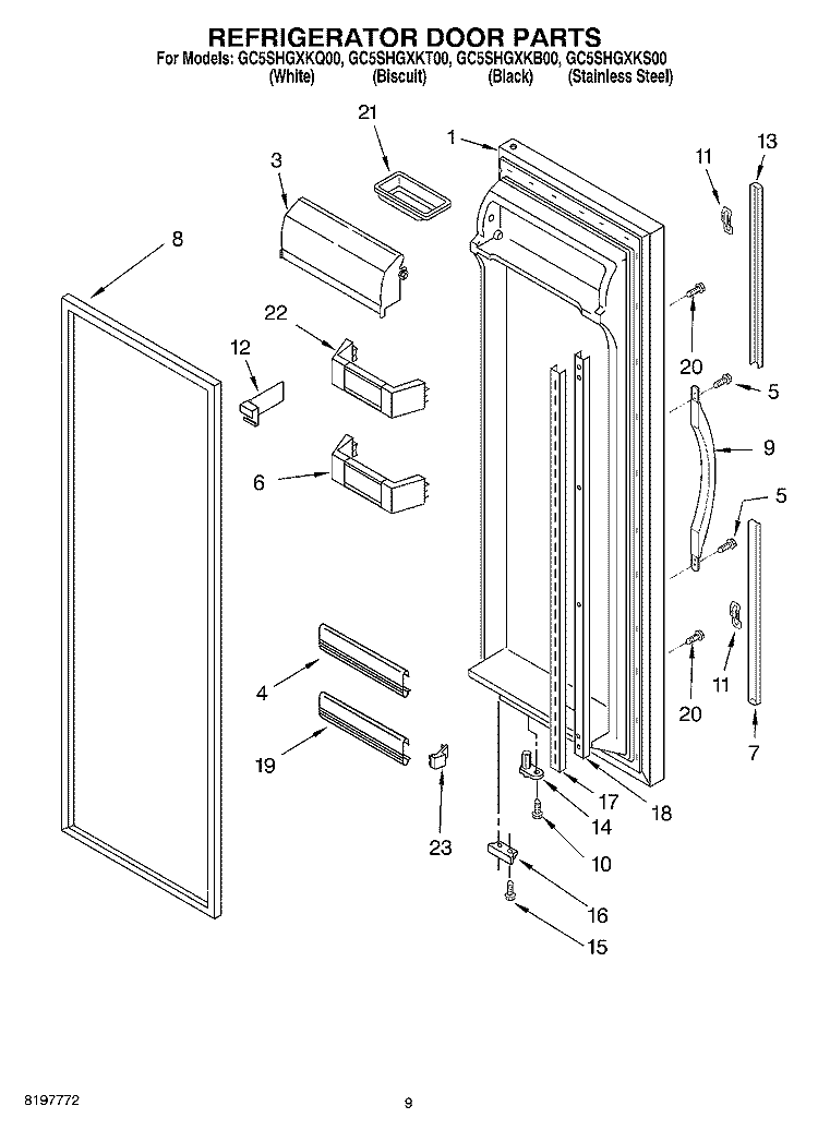 REFRIGERATOR DOOR PARTS Diagram and Parts List for GC5SHGXKB00  Whirlpool Refrigerator