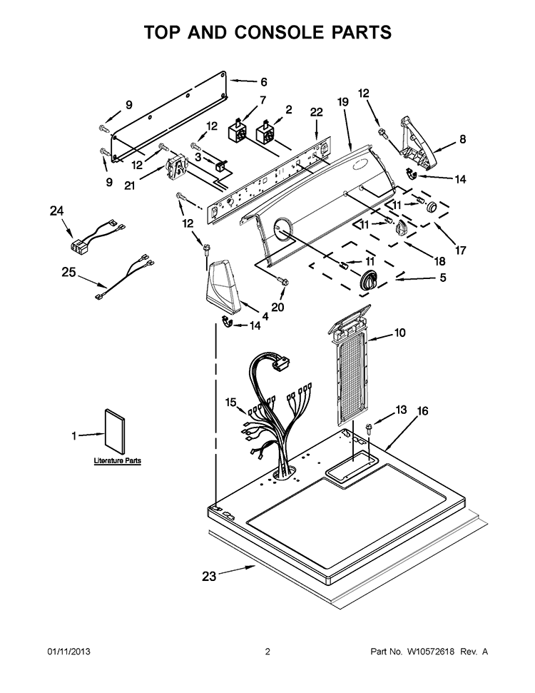TOP AND CONSOLE PARTS Diagram and Parts List for 7MWGD1601AW0  Whirlpool Dryer