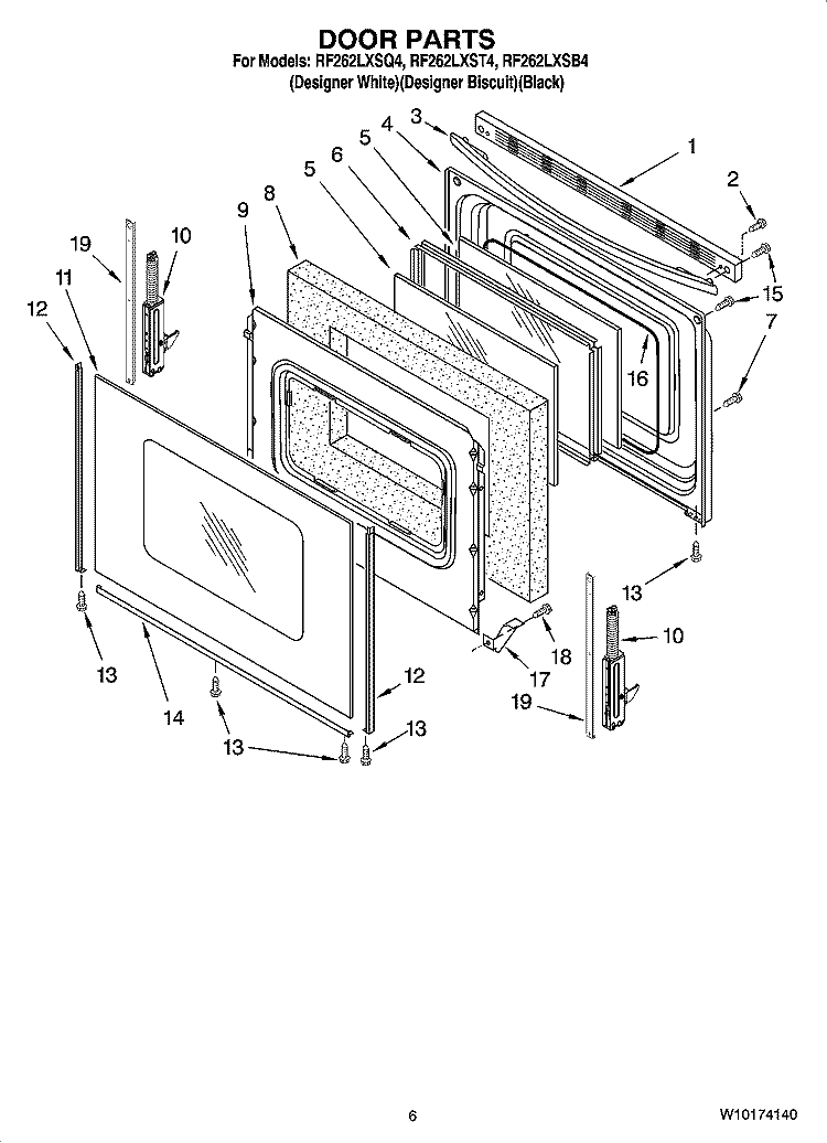 DOOR PARTS, OPTIONAL PARTS (NOT INCLUDED) Diagram and Parts List for RF262LXSB4  Whirlpool Range
