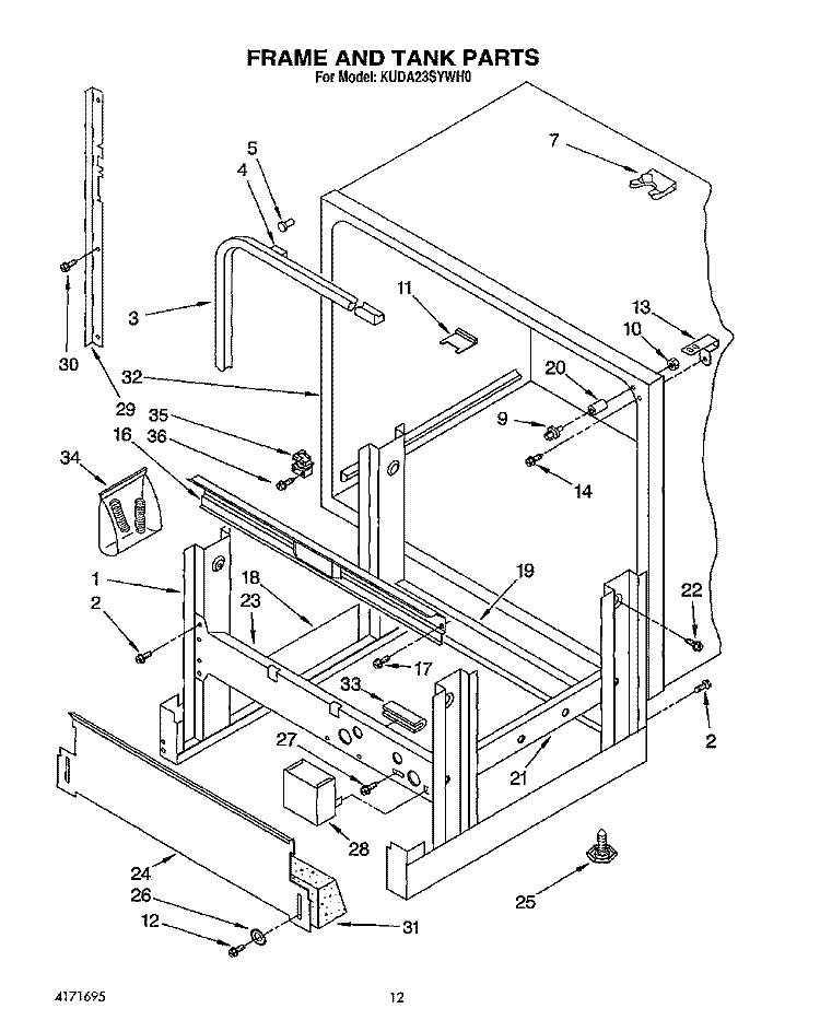 FRAME AND TANK Diagram and Parts List for KUDA23SYWH0  KitchenAid Dishwasher