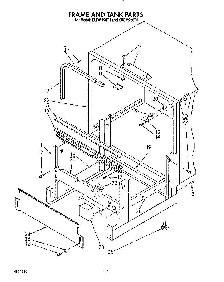 FRAME AND TANK Diagram and Parts List for KUDM220T3  KitchenAid Dishwasher