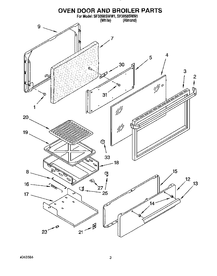 OVEN DOOR AND BROILER Diagram and Parts List for SF305BSWW1  Whirlpool Range