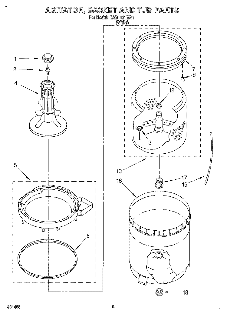 AGITATOR, BASKET AND TUB Diagram and Parts List for RAB1121EW1  Roper Washer