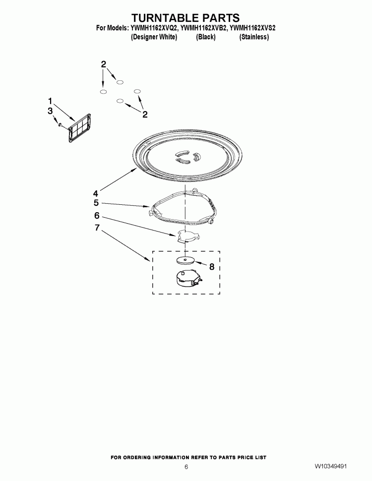 TURNTABLE PARTS Diagram and Parts List for YWMH1162XVB2  Whirlpool Microwave