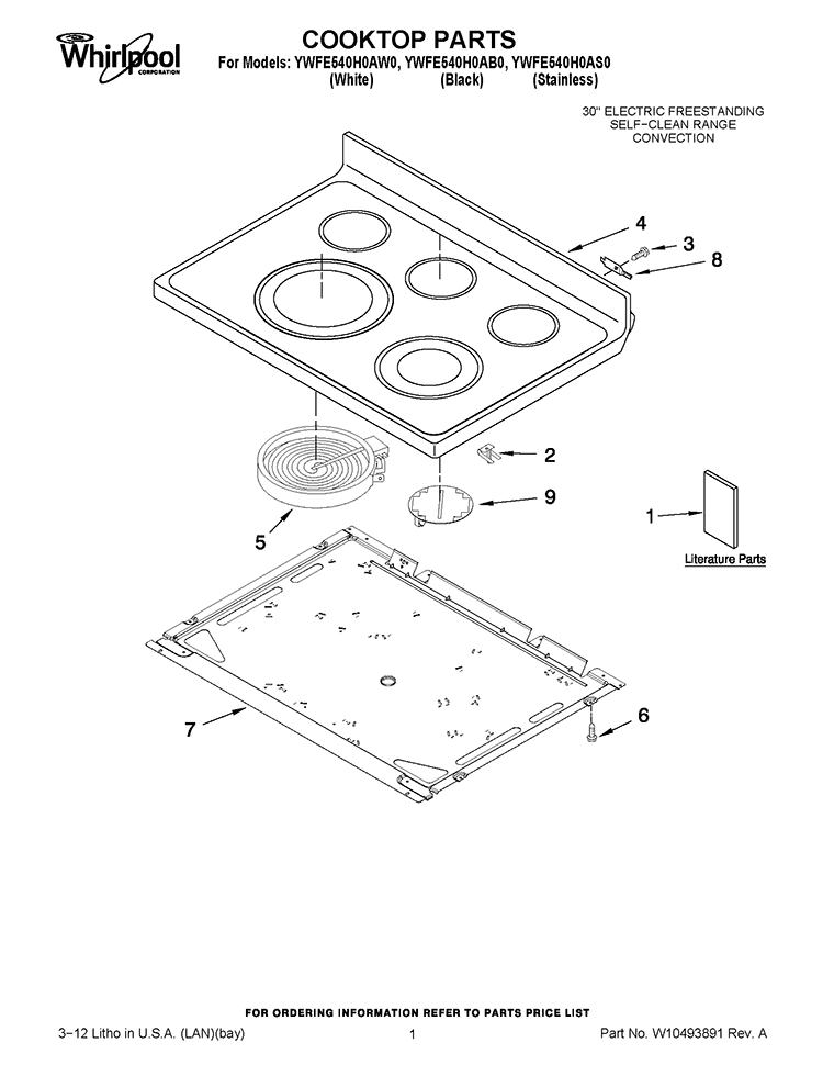 COOKTOP PARTS Diagram and Parts List for YWFE540H0AW0  Whirlpool Range