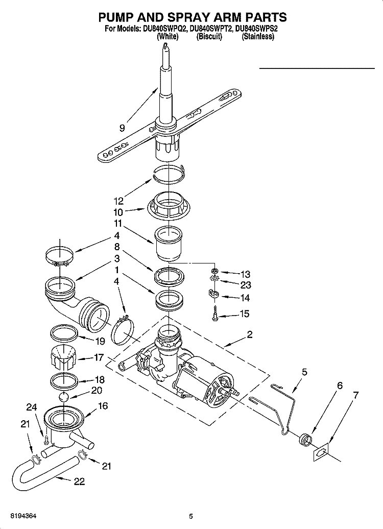 PUMP AND SPRAY ARM PARTS Diagram and Parts List for DU840SWPQ2  Whirlpool Dishwasher